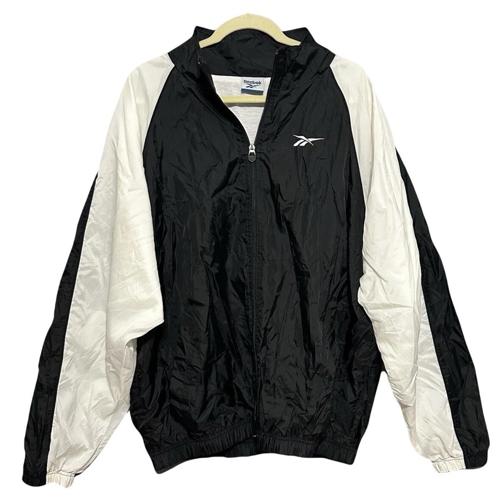 Reebok Mens Vintage Windbreaker Jacket XL Black White Colorblock‎ Full Zip